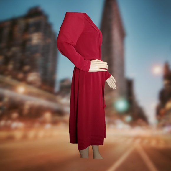 Vintage 1970's Albert Nipon Pleated Wrap Dress - Burgundy/Maroon/Long Sleeves - Picture 7 of 12